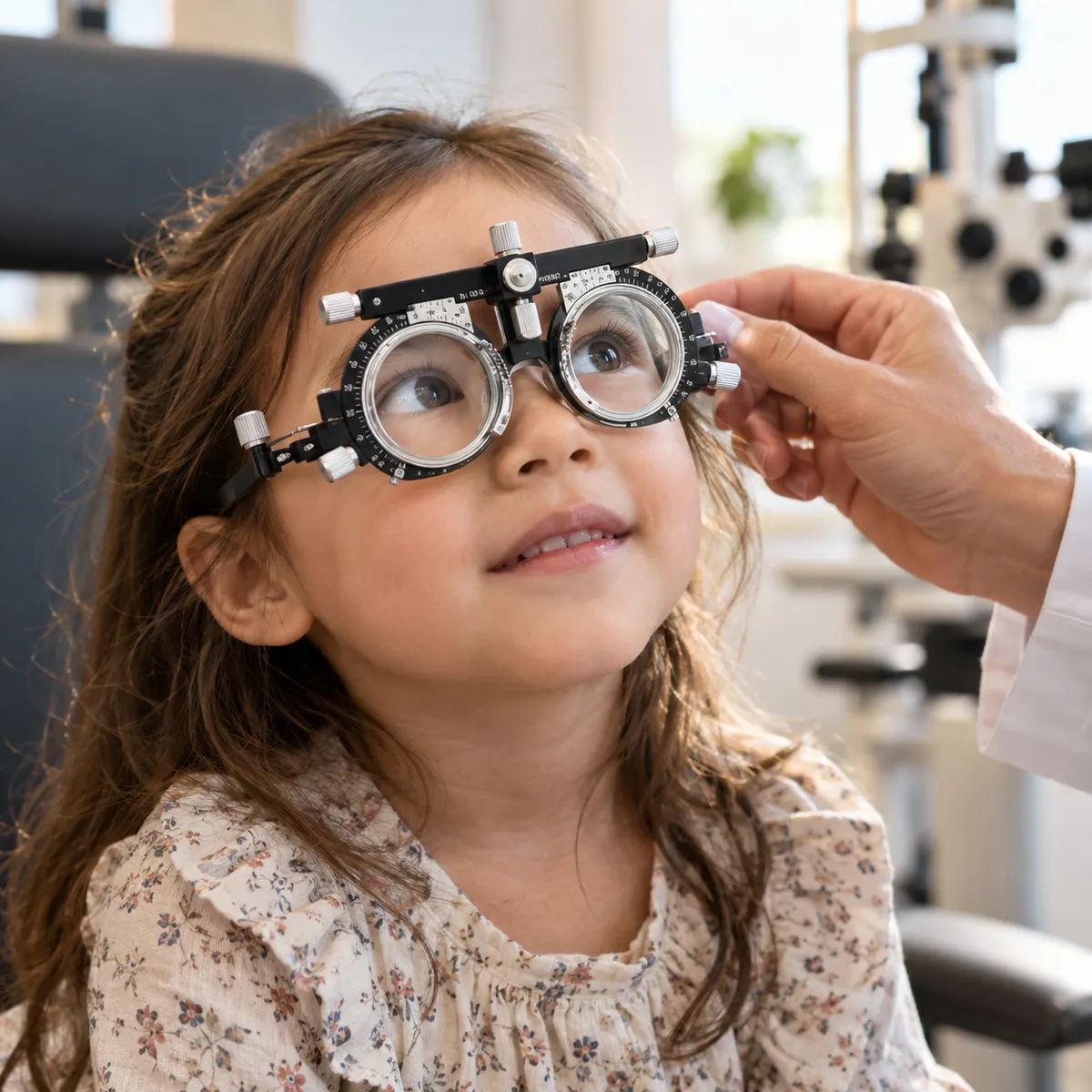 A child in a trial frame during an eye test